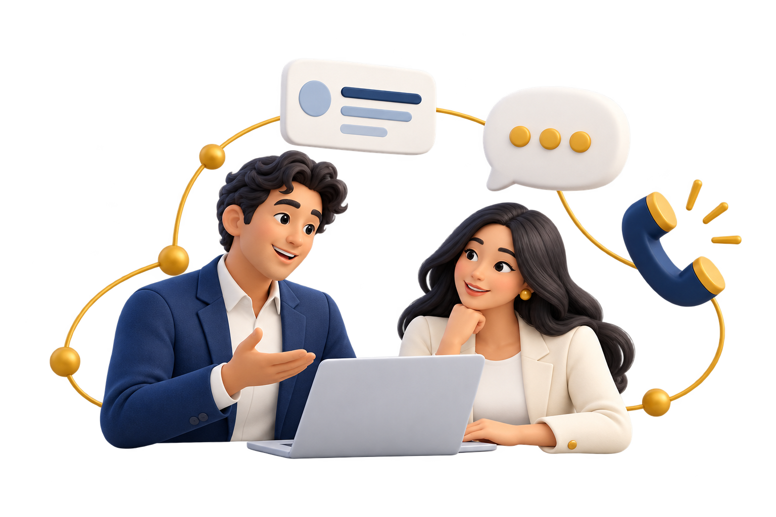 3D cartoon characters discussing a project, with message bubbles and a phone symbol.