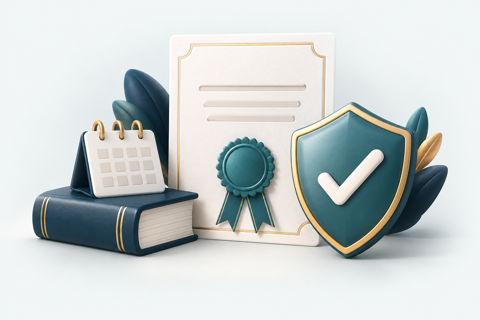Illustration of a certificate, verification shield, education book, and renewal calendar.