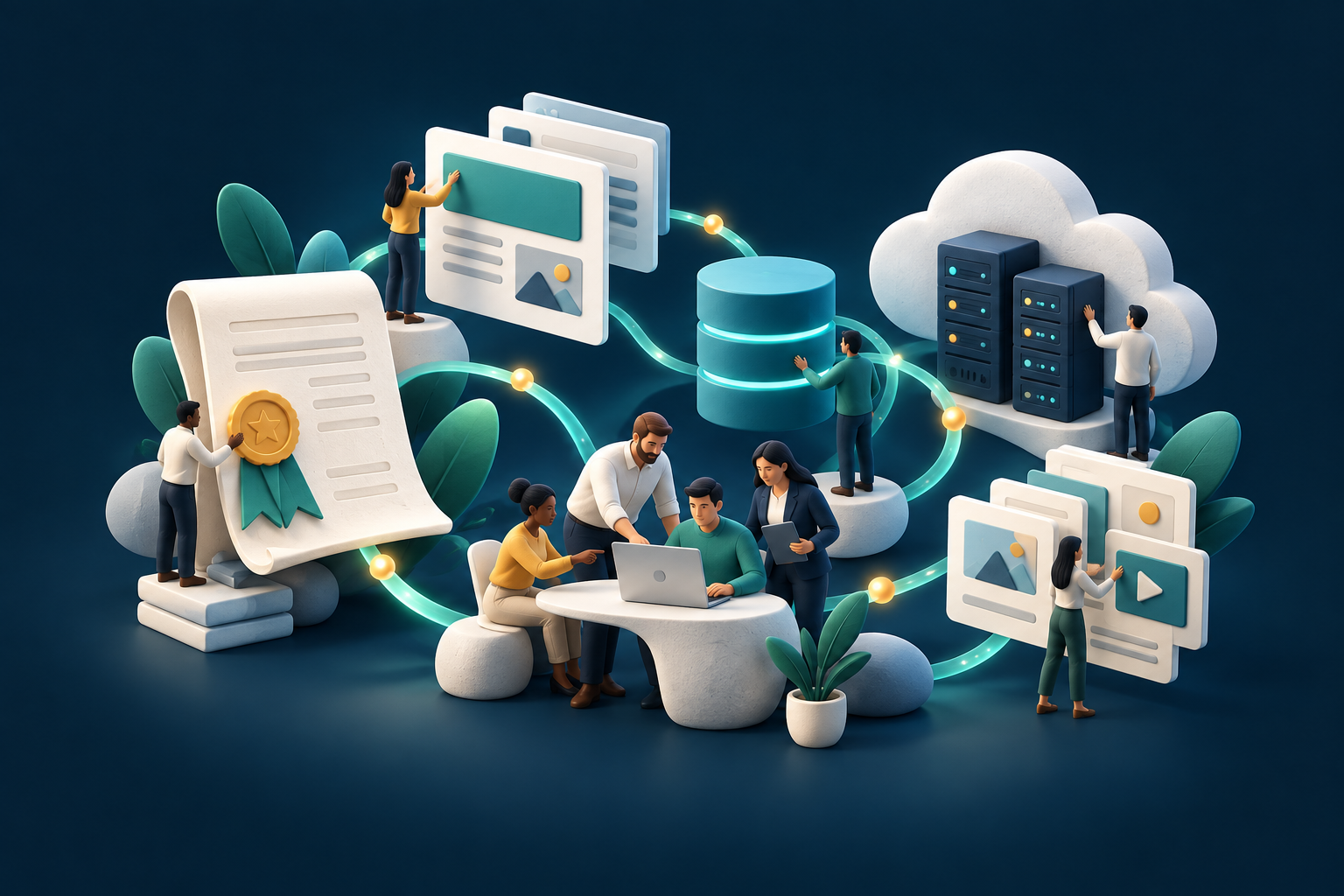 Illustration of professionals, credentialing documents, web applications, and hosting services connected by flowing paths.