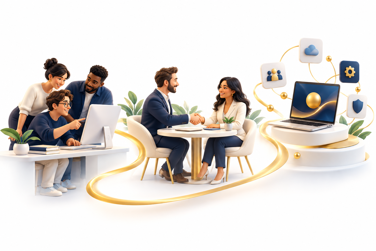 Conceptual illustration of a software team growing through collaboration and client partnerships into connected digital solutions.