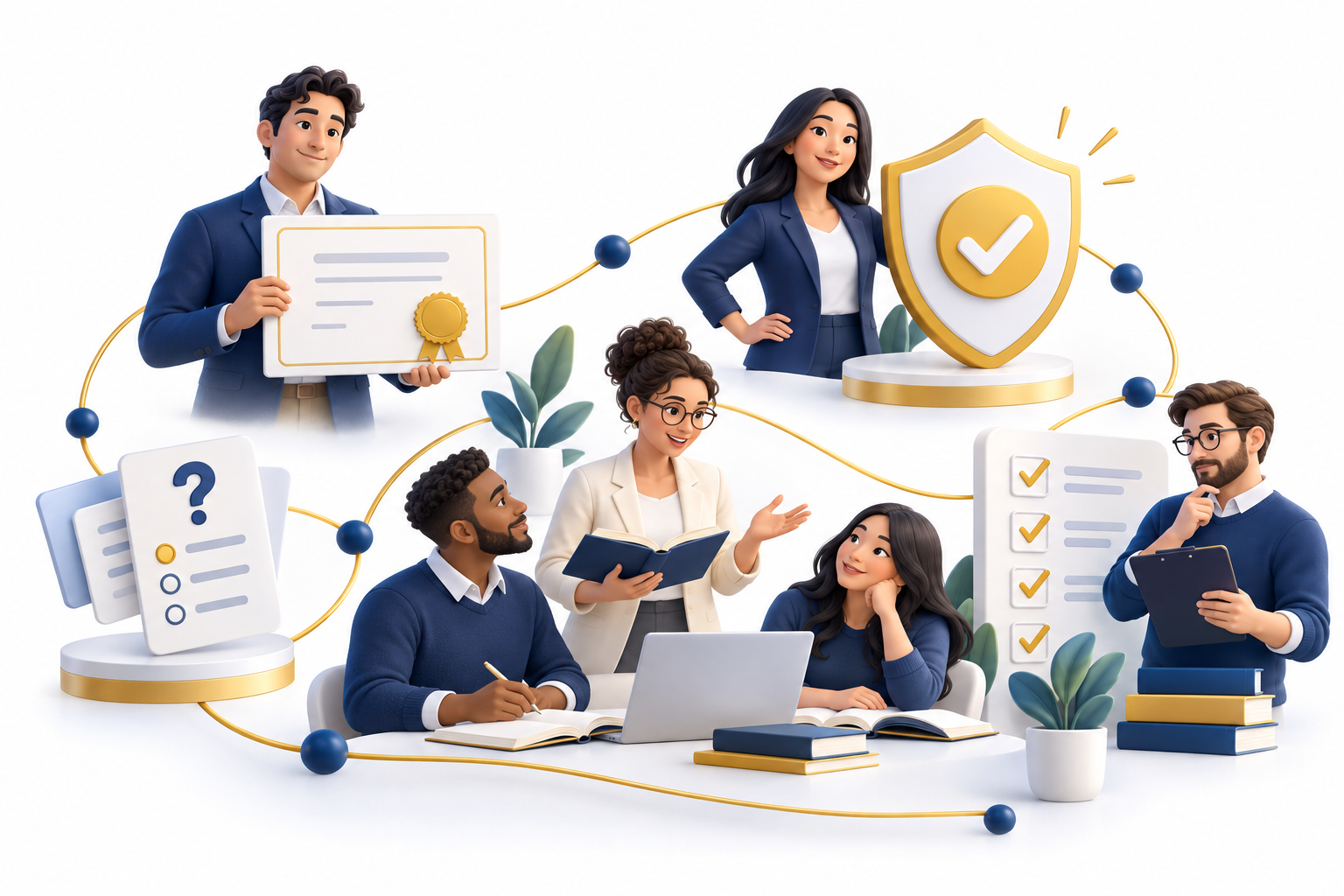 Conceptual illustration of people connected through certification, accreditation, education, and assessment services.