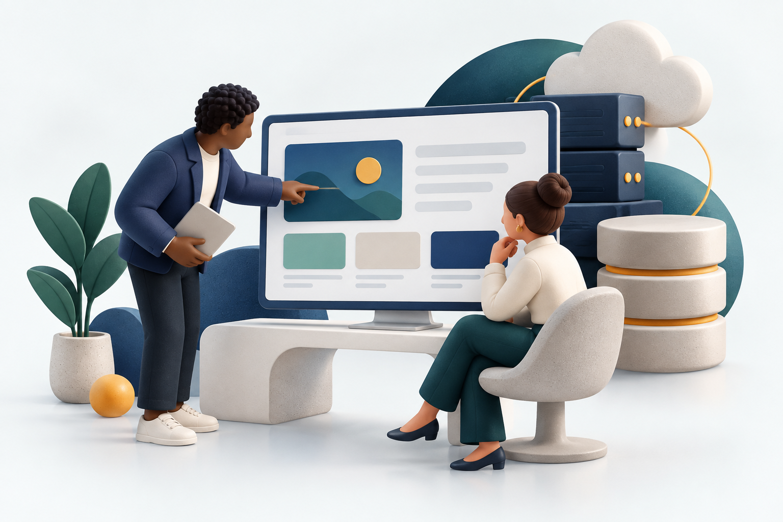 Illustration of technology consultants collaborating on web and infrastructure solutions.